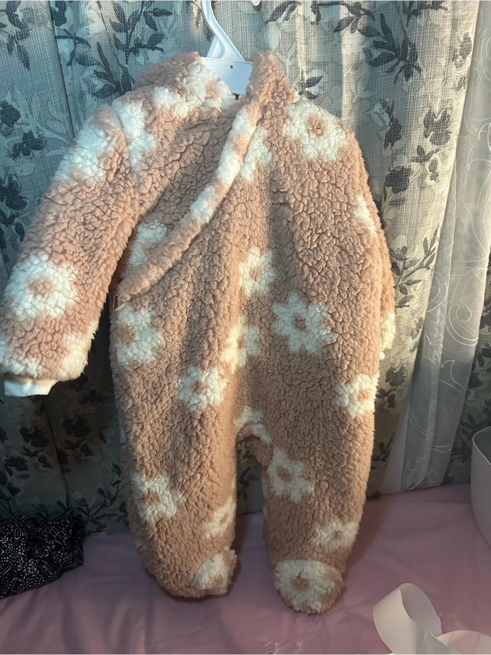 Plush Peach Floral Sherpa Footed One-Piece for Kids